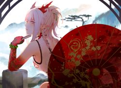 Rule 34 | 1girl, arknights, bandeau, bare shoulders, bracelet, breasts, dragon horns, earrings, hat, highres, horns, jewelry, long hair, looking at viewer, mountain, multicolored hair, nian (arknights), open clothes, pinlin, pointy ears, purple eyes, shirt, sleeveless, sleeveless shirt, solo, strapless, streaked hair, white hair