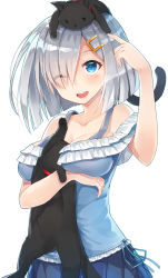 Rule 34 | 10s, 1girl, alternate costume, animal, animal on head, bare shoulders, blue eyes, blue skirt, blush, breast hold, breasts, casual, cat, collarbone, detached sleeves, eyes visible through hair, frills, hair ornament, hair over one eye, hairclip, hamakaze (kancolle), highres, kantai collection, large breasts, looking up, mhong, off shoulder, on head, one eye closed, open mouth, short hair, silver hair, skirt, skirt set, solo, tongue, upper body