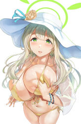 Rule 34 | 1girl, bikini, blue archive, blush, breast lift, breasts, cleavage, collarbone, deep skin, flower, from above, front-tie bikini top, front-tie top, grabbing, grabbing own breast, green eyes, green halo, halo, hat, hat flower, highres, huge breasts, jacket, kitiroku, light brown hair, long hair, looking at viewer, looking up, navel, nonomi (blue archive), nonomi (swimsuit) (blue archive), official alternate costume, open mouth, see-through, see-through jacket, side-tie bikini bottom, smile, solo, standing, sun hat, swimsuit, white hat, yellow bikini