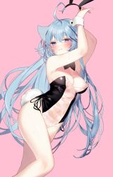 Rule 34 | 1girl, ahoge, animal ears, armpits, arms up, bare arms, bare shoulders, blue eyes, blue hair, breasts, cat ears, cleavage, closed mouth, fake animal ears, fake tail, hairband, highleg, highleg swimsuit, highres, indie virtual youtuber, kanase ito, leotard, long hair, looking at viewer, medium breasts, meme attire, nekomugiharu, one-piece swimsuit, pink background, playboy bunny, rabbit ears, rabbit tail, simple background, smile, solo, strapless, strapless one-piece swimsuit, swimsuit, tail, thighs, translucent bunnysuit, very long hair, virtual youtuber, wet, wrist cuffs