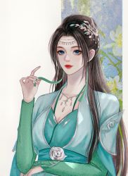 Rule 34 | 1girl, blue eyes, brown hair, cleavage cutout, clothing cutout, doupo cangqiong, dress, earrings, green dress, hair bun, hair ornament, hands on own earrings, highres, jewelry, long hair, necklace, sash, smile, solo, tassel, tassel earrings, upper body, yun xi zhuye, yun yun (doupo cangqiong)