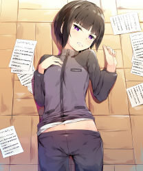 Rule 34 | 1girl, angry, black hair, black pants, blunt bangs, blush, clenched teeth, commentary request, crotch seam, grey jacket, hands up, highres, idolmaster, idolmaster cinderella girls, idolmaster cinderella girls starlight stage, jacket, long sleeves, looking at viewer, lying, navel, on back, on floor, pants, purple eyes, seneto, shirayuki chiyo, short hair, solo, teeth, v-shaped eyebrows, wooden floor