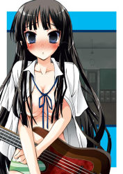 Rule 34 | 00s, 1girl, akiyama mio, black hair, blue eyes, blush, breasts, convenient censoring, guitar, hair censor, hair over breasts, holding, holding instrument, instrument, k-on!, long hair, looking at viewer, medium breasts, no bra, no pants, open clothes, panties, parted lips, solo, standing, striped clothes, striped panties, underwear, zinan