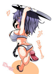 Rule 34 | 1girl, armpits, arms up, ass, bikini, breasts, butt crack, checkered clothes, checkered necktie, checkered neckwear, eyepatch, kantai collection, large breasts, musical note, necktie, unworn necktie, no headwear, open mouth, purple hair, running, sandals, short hair, sideboob, skindentation, solo, sugiura, surfboard, swimsuit, tenryuu (kancolle), thighs, twitter username, white bikini