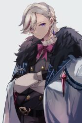 Rule 34 | 1boy, alternate costume, belt, black belt, black gloves, black vest, bow, bowtie, braid, buttons, closed mouth, coat, collared coat, crossed arms, crystal, fur-trimmed coat, fur trim, genshin impact, gloves, grey hair, hair between eyes, highres, long sleeves, looking at viewer, lyney (genshin impact), male focus, multicolored hair, open clothes, open coat, puffy long sleeves, puffy sleeves, purple bow, purple bowtie, purple eyes, red hair, shirt, short hair, simple background, solo, standing, suika (rios151794), teardrop facial mark, two-tone hair, vest, white background, white coat, white shirt