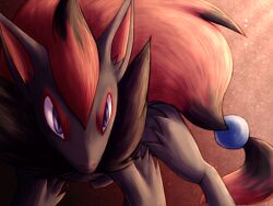 Rule 34 | all fours, black hair, blue eyes, creatures (company), game freak, gen 5 pokemon, long hair, multicolored hair, nintendo, no humans, pokemon, pokemon (creature), ponytail, red hair, slit pupils, thedogzlife, two-tone hair, very long hair, zoroark