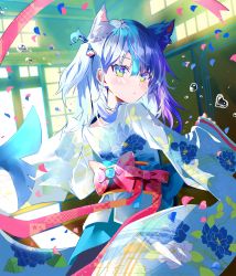 Rule 34 | 1girl, alternate costume, alternate hairstyle, animal ear fluff, animal ears, blue bow, blue eyes, blue hair, blush, bow, bubble, cat ears, cat girl, closed mouth, commentary request, day, fins, fish tail, floral print, from behind, furisode, fusuma, gawr gura, green eyes, hair between eyes, hair ornament, hands up, heart, highres, hololive, hololive english, indoors, japanese clothes, kemonomimi mode, kimono, long hair, looking at viewer, looking back, multicolored eyes, petals, pink eyes, print kimono, red bow, red ribbon, ribbon, sash, seigaiha, shark girl, shark hair ornament, shark tail, sho (runatic moon), shouji, sliding doors, solo, standing, sunlight, tail, twintails, virtual youtuber, white kimono, wide sleeves, wind, yellow eyes