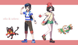 Rule 34 | 1boy, 1girl, :d, backpack, bag, banned artist, baseball cap, beanie, blue footwear, bracelet, brown hair, brown pants, capri pants, character name, commentary request, creatures (company), elio (pokemon), forgotten artist, full body, game freak, gen 7 pokemon, green shorts, hand up, hat, highres, holding, holding poke ball, jewelry, litten, looking at viewer, nintendo, open mouth, pants, poke ball, poke ball (basic), pokemon, pokemon (creature), pokemon sm, red headwear, rowlet, selene (pokemon), shirt, shoes, short sleeves, shorts, shoulder bag, smile, standing, striped clothes, striped shirt, t-shirt, teeth, tied shirt, tongue, upper teeth only, yellow shirt, z-ring