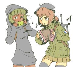 Rule 34 | 2girls, :&lt;, accordion, assault rifle, beret, breasts, brown eyes, brown hair, bullpup, cape, cigarette, cowl, dark-skinned female, dark skin, famas, female focus, flying sweatdrops, food, france, french flag, frown, fruit, green eyes, green hair, gun, hat, highres, hood, instrument, isis-chan, jarv, melon, military, military uniform, multiple girls, music, musical note, original, parody, patch, playing instrument, ponytail, remove kebab, rifle, simple background, skirt, small breasts, smoking, standing, sweatdrop, tears, thighhighs, uniform, weapon, white background, zettai ryouiki