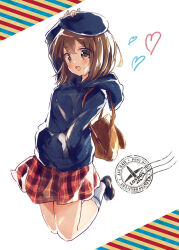 Rule 34 | 1girl, :d, arm up, backlighting, backpack, bag, bare legs, black footwear, blue beret, blue hat, blue hoodie, breasts, brown bag, brown eyes, brown hair, drawstring, english text, full body, hand in pocket, hand on headwear, hand on own head, hat, heart, higurashi kana, hood, hood down, hoodie, jumping, kin-iro mosaic, light blush, loafers, long sleeves, looking at viewer, medium breasts, medium hair, miniskirt, open mouth, plaid, plaid skirt, pleated skirt, postage stamp, red skirt, shoes, simple background, skirt, smile, socks, solo, ugchoco, union jack print, white background, white socks
