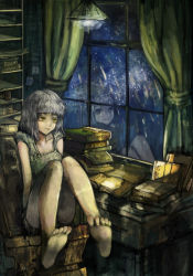 Rule 34 | 1girl, bad id, bad pixiv id, barefoot, blunt bangs, book, canking, chair, indoors, original, reflection, silver hair, sitting, solo, tanabata, window, yellow eyes