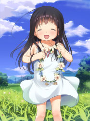 Rule 34 | 1girl, :d, ^ ^, absurdres, anyannko, bad id, bad pixiv id, black hair, blush, child, closed eyes, cloud, cloudy sky, day, dress, flower, grass, happy, highres, long hair, nature, open mouth, original, outdoors, power lines, sky, smile, solo, sundress, white dress, wreath