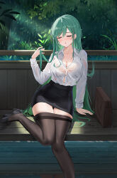 Rule 34 | 1girl, azur lane, bench, black pantyhose, black skirt, blush, bra, breasts, cleavage, closed eyes, clothes pull, collared shirt, commentary request, foot out of frame, green hair, high heels, highres, knees together feet apart, lace, lace bra, large breasts, legs, littorio (azur lane), littorio (sitting in the rain) (azur lane), long hair, long sleeves, looking at viewer, office lady, official alternate costume, on bench, pantyhose, pantyhose pull, qing wu, rain, see-through, see-through shirt, shirt, skirt, solo, underwear, wet, wet clothes, wet shirt, white bra, white shirt, wooden bench