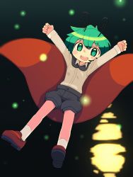 Rule 34 | 1girl, :d, androgynous, antennae, arms up, black cape, black shorts, blush stickers, brown footwear, bug, cape, collared shirt, commentary, firefly, flat chest, full body, green eyes, green hair, hair between eyes, highres, insect, long sleeves, open mouth, red cape, shirt, shoes, short hair, shorts, smile, socks, solo, touhou, two-sided cape, two-sided fabric, ugif, white shirt, white socks, wriggle nightbug