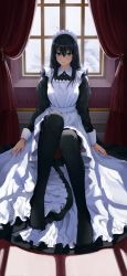 Rule 34 | absurdres, apron, black dress, black hair, black thighhighs, curtains, dress, frilled apron, frills, hair between eyes, highres, long dress, long hair, long sleeves, maid apron, maid headdress, on floor, original, puffy sleeves, solo, starblue, thighhighs, white apron, window