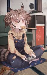 Rule 34 | 1girl, alternate costume, bird tail, blouse, blue overalls, brown eyes, brown hair, contemporary, cookie, couch, eurasian eagle owl (kemono friends), food, full body, hair between eyes, highres, indoors, japari symbol, kemono friends, long sleeves, looking at viewer, medium hair, mouth hold, multicolored hair, nanana (nanana iz), on floor, overalls, shirt, sitting, solo, super famicom gamepad, tail, tatami