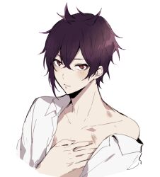Rule 34 | 1boy, blush, collared shirt, dance with devils, hickey, looking at viewer, male focus, natsumezaka shiki, purple hair, qi7pi, red eyes, shirt, shirt partially removed, short hair, solo, white background, white shirt