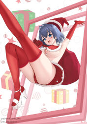 Rule 34 | 1girl, arm up, ass, blue eyes, blue hair, breasts, capelet, christmas present, elbow gloves, fur-trimmed capelet, fur-trimmed headwear, fur-trimmed skirt, fur trim, gift, gloves, hat, high heels, highres, holding, holding sack, hololive, hololive english, joko jmc, large breasts, looking at viewer, open mouth, ouro kronii, panties, red capelet, red gloves, red hat, red panties, red skirt, red thighhighs, sack, santa capelet, santa hat, short hair, skirt, smile, solo, thighhighs, underwear, virtual youtuber, white footwear