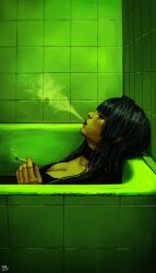 Rule 34 | 1girl, alternate costume, bathroom, bathtub, black hair, black shirt, breasts, cigarette, cleavage, closed eyes, expressionless, from side, green theme, highres, holding, holding cigarette, holocouncil, hololive, hololive english, large breasts, long hair, makeup, mascara, ouro kronii, red lips, runny makeup, shirt, smoke, smoking, steb, tile wall, tiles, upper body, virtual youtuber