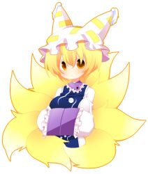Rule 34 | 1girl, :&lt;, animal hat, bad id, bad pixiv id, blonde hair, colored eyelashes, female focus, fox tail, hands in opposite sleeves, hat, kiri futoshi, long sleeves, looking at viewer, mob cap, multiple tails, short hair, simple background, solo, tail, tassel, touhou, upper body, white background, wide sleeves, yakumo ran, yellow eyes
