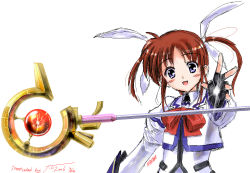Rule 34 | 00s, 1girl, 2006, blue eyes, blush, bow, brown hair, character name, dated, fingerless gloves, gloves, hair ribbon, lyrical nanoha, magazine (weapon), magical girl, mahou shoujo lyrical nanoha, open mouth, purple eyes, raising heart, red bow, red hair, ribbon, rod, smile, solo, staff, takamachi nanoha, twintails