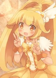 Rule 34 | 10s, 1girl, :d, bad id, bad pixiv id, blonde hair, blush, bow, choker, collarbone, cure peace, double v, dress, hair flaps, hair ornament, kise yayoi, kouno hikaru, long hair, magical girl, open mouth, ponytail, precure, ribbon choker, skirt, smile, smile precure!, solo, v, wrist cuffs, yellow background, yellow bow, yellow eyes, yellow skirt, yellow theme
