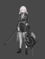 Rule 34 | 1girl, absurdres, black background, black dress, black footwear, boots, bow (music), collared shirt, dress, highres, holding, holding instrument, instrument, looking at viewer, medium hair, original, shirt, simple background, solo, susudust, white hair, white shirt