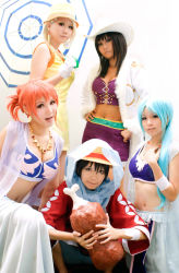 Rule 34 | 5girls, alabasta, asian, black eyes, black hair, blue hair, breasts, cleavage, coat, cosplay, cowboy hat, crop top, dress, female focus, food, gloves, hand on own chest, hand up, hands on own hips, hat, holding, jacket, jewelry, long sleeves, looking at viewer, meat, midriff, monkey d. luffy, monkey d. luffy (cosplay), multiple girls, nami (one piece), nami (one piece) (cosplay), navel, necklace, nefertari vivi, nefertari vivi (cosplay), nico robin, nico robin (cosplay), one piece, open mouth, orange hair, parted bangs, parted lips, photo (medium), purple shirt, purple skirt, red jacket, revealing clothes, scarf, shirt, short dress, skirt, sleeveless, sleeveless dress, smile, straw hat, umbrella, white gloves, white headwear, white jacket, yellow dress