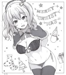 Rule 34 | 1girl, absurdres, arms behind back, bell, box, bra, breasts, capelet, christmas stocking, gift, gift box, greyscale, h2 (h20000000), hat, highres, kantai collection, kashima (kancolle), large breasts, merry christmas, monochrome, navel, panties, santa hat, side-tie panties, sidelocks, snowman, solo, thighhighs, twintails, underwear, wavy hair