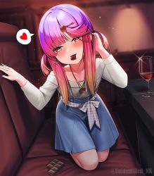 Rule 34 | 1girl, alcohol, blue skirt, blush, chocolate, closed mouth, collarbone, cup, drinking glass, grey shirt, hair ornament, hairclip, heart, highres, jewelry, kantai collection, long hair, long sleeves, mouth hold, necklace, off-shoulder shirt, off shoulder, purple hair, shirt, skirt, solo, spoken heart, tsushima (kancolle), twitter username, unidentified nk, valentine, wine, wine glass, yellow eyes