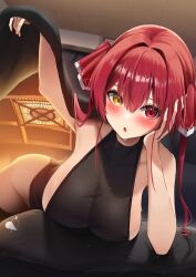 Rule 34 | 1girl, :o, absurdres, amane sora, bare shoulders, blush, breasts, cleavage, collarbone, commentary request, groin, hair between eyes, hair ribbon, heattech leotard, heterochromia, highres, hololive, houshou marine, houshou marine (1st costume), kotatsu, large breasts, leotard, long hair, looking at viewer, lying, on stomach, open mouth, red eyes, red hair, ribbon, see-through, see-through cleavage, sideboob, solo, table, turtleneck, twintails, under kotatsu, under table, virtual youtuber, yellow eyes