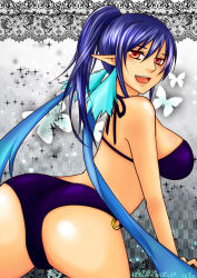 Rule 34 | 00s, 1girl, ass, bare shoulders, bikini, blue hair, breasts, bug, butterfly, bug, judith (tales), open mouth, pointy ears, ponytail, red eyes, swimsuit, tales of (series), tales of vesperia