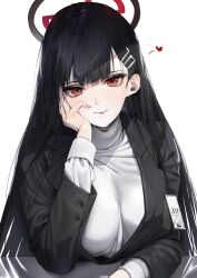 Rule 34 | 1girl, black hair, black suit, blue archive, formal, hair ornament, hairclip, halo, hand on own cheek, hand on own face, head rest, heart, highres, id card, long hair, looking at viewer, poharo, pov, red eyes, rio (blue archive), suit, sweater, turtleneck, turtleneck sweater, upper body, white background, white sweater