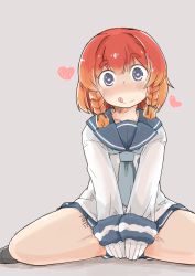Rule 34 | 1girl, :q, ?, absurdres, blue eyes, blush, blush stickers, body writing, braid, enjaku izuku, etorofu (kancolle), gradient hair, grey background, heart, heart in eye, highres, kantai collection, multicolored hair, orange hair, red hair, simple background, sitting, solo, symbol in eye, tally, thick eyebrows, tongue, tongue out, twin braids