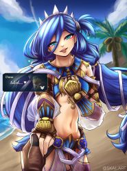 Rule 34 | 1girl, absurdres, beach, blue eyes, blue hair, blue sky, breasts, dana (ys), day, highres, holding hands, long hair, looking at viewer, navel, outdoors, palm tree, skai art, sky, speech bubble, tree, twintails, ys, ys viii lacrimosa of dana