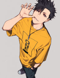 Rule 34 | 1boy, asymmetrical bangs, black eyes, black hair, black pants, foot out of frame, grey background, haikyuu!!, hair between eyes, hand in pocket, hand up, jewelry, kuroo tetsurou, looking at viewer, male focus, necklace, pants, parted lips, shirt, short hair, short sleeves, simple background, solo, standing, teeth, vgmt, watch, wristwatch, yellow shirt
