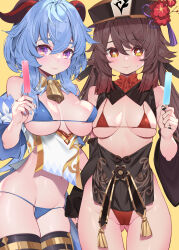 Rule 34 | 2girls, absurdres, alternate costume, asymmetrical docking, bell, bikini, blue bikini, blue hair, blue nails, breast press, breasts, brown hair, brown headwear, closed mouth, cowbell, detached sleeves, flower, flower-shaped pupils, food, ganyu (genshin impact), genshin impact, gluteal fold, goat horns, hair between eyes, hat, highres, holding, horns, hu tao (genshin impact), large breasts, long hair, looking at viewer, medium breasts, multiple girls, nail polish, navel, neck bell, orange eyes, plum blossoms, popsicle, purple eyes, red bikini, simple background, smile, swimsuit, symbol-shaped pupils, thighs, waterring, white sleeves, yellow background