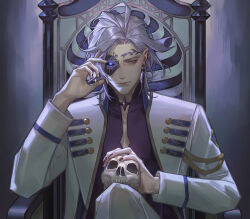 Rule 34 | 1boy, akr noze, blue shirt, chair, choker, commentary request, crossed legs, ear piercing, eyepatch, forehead tattoo, formal, gold trim, hades (shuumatsu no valkyrie), hand on own face, highres, holding, holding skull, jacket, leaf tattoo, long hair, looking at viewer, male focus, pants, piercing, pointy ears, shirt, shuumatsu no valkyrie, skull, smile, solo, throne, twitter username, upper body, white jacket, white pants