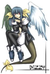 Rule 34 | 1girl, arc system works, asymmetrical wings, bad anatomy, blue hair, dizzy (guilty gear), guilty gear, poorly drawn, red eyes, ribbon, solo, tail, tail ornament, tail ribbon, thighhighs, wings