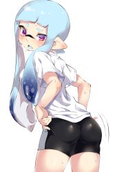 Rule 34 | 1girl, agent 3 (splatoon), ass, bike shorts, blue hair, blue tongue, blunt bangs, blush, breath, clothes pull, colored tongue, commentary, cowboy shot, from behind, frown, highres, inkling, inkling girl, inkling player character, looking at viewer, looking back, motion lines, nintendo, open mouth, pantylines, penguin maru (penginmaru), pointy ears, pulling own clothes, purple eyes, shirt, short sleeves, shorts, shorts pull, simple background, solo, splatoon (series), standing, sweat, t-shirt, white background, white shirt