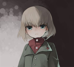Rule 34 | 10s, 1girl, bad id, bad pixiv id, blonde hair, blue eyes, expressionless, girls und panzer, green eyes, green jacket, jacket, katyusha (girls und panzer), long sleeves, looking at viewer, military, military uniform, monmon, red shirt, school uniform, shirt, short hair, solo, standing, th-sto, turtleneck, uniform
