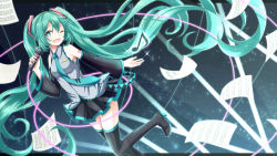 Rule 34 | 1girl, bad id, bad pixiv id, beamed quavers, black footwear, black thighhighs, boots, border, detached sleeves, gradient background, green eyes, green hair, hatsune miku, high heels, highres, long hair, matching hair/eyes, microphone, musical note, necktie, one eye closed, open mouth, quaver, sheet music, skirt, solo, thigh boots, thighhighs, twintails, very long hair, vocaloid, yamagara