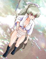 Rule 34 | 1girl, anchovy (girls und panzer), blush, breasts, cleavage, closed mouth, collarbone, drill hair, full body, fundoshi, girls und panzer, green hair, hair ribbon, hand on own hip, happi, highres, hiyama yuu (wee259hiyama), japanese clothes, long hair, medium breasts, navel, no bra, outdoors, red eyes, ribbon, smile, solo, twin drills