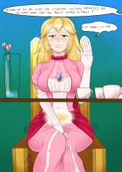 Rule 34 | 1girl, absurdres, between legs, biku, bladder, blonde hair, blush, breasts, chair, cup, dress, elbow gloves, embarrassed, english text, female focus, flower, gem, gloves, gradient background, green background, half-closed eyes, hand between legs, hand up, have to pee, highres, large breasts, long hair, mario (series), nintendo, nose blush, pink dress, pink flower, princess peach, puffy short sleeves, puffy sleeves, short sleeves, sitting, smile, solo, speech bubble, super mario bros. 1, sweat, table, talking, teacup, teeth, text focus, trembling, vase, water, white gloves, x-ray