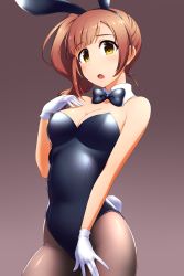 Rule 34 | 1girl, animal ears, black bow, black bowtie, black leotard, black pantyhose, bow, bowtie, brown background, brown eyes, brown hair, commentary request, contrapposto, cowboy shot, detached collar, fake animal ears, gloves, gradient background, highres, idolmaster, idolmaster cinderella girls, igarashi kyoko, leotard, long hair, looking at viewer, pantyhose, pataneet, playboy bunny, rabbit ears, rabbit girl, rabbit tail, side ponytail, solo, strapless, strapless leotard, tail, white gloves