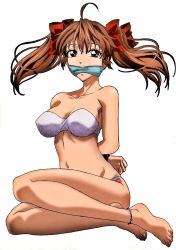 Rule 34 | 00s, 1girl, alicia melchiott, anklet, arms behind back, bandeau, bdsm, bikini, bondage, bound, brown eyes, brown hair, cleave gag, cloth gag, feet, gag, gagged, highres, improvised gag, jewelry, legs, navel, ribbon, senjou no valkyria (series), senjou no valkyria 1, solo, swimsuit, toes, twintails