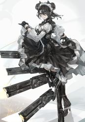 Rule 34 | 1girl, agent (girls&#039; frontline), android, asymmetrical hair, black dress, black footwear, black gloves, black hair, black thighhighs, boots, clothes lift, double bun, dress, frilled dress, frills, garter belt, girls&#039; frontline, gloves, gun, hair bun, high heel boots, high heels, highres, horns, knee boots, long hair, looking at viewer, maid, maid headdress, mechanical arms, nslacka, puffy short sleeves, puffy sleeves, sangvis ferri, shirt, short sleeves, solo, thigh boots, thighhighs, weapon, white shirt, yellow eyes