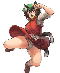 Rule 34 | 1girl, animal ears, brown hair, cat ears, cat tail, chanta (ayatakaoisii), chen, hat, highres, flying kick, kicking, multiple tails, navel, open mouth, panties, pantyshot, short hair, simple background, solo, tail, touhou, underwear, white background
