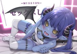 Rule 34 | 1girl, absurdres, black nails, black sclera, black wings, blue hair, blue skin, blush, breasts, colored sclera, colored skin, covered navel, demon girl, demon horns, demon wings, fang, female focus, fingernails, full body, highres, horns, isemori, leg ribbon, leotard, long fingernails, long hair, looking at viewer, lying, nail polish, non-web source, on side, open mouth, original, pointy ears, ribbon, sharp fingernails, shiny skin, slit pupils, small breasts, solo, thigh ribbon, thighhighs, twintails, white thighhighs, wings, yellow eyes