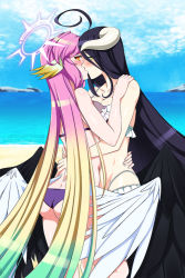 Rule 34 | 2girls, ahoge, albedo (overlord), angel wings, ass, bare shoulders, beach, bikini, black hair, black wings, blonde hair, blue sky, breast press, breasts, butt crack, cloud, cloudy sky, commentary, spiked halo, crossover, curled horns, day, english commentary, feathered wings, frilled bikini, frills, from side, gradient hair, green hair, hair between eyes, halo, hand on another&#039;s shoulder, horizon, horns, huge ahoge, jibril (no game no life), kiss, large breasts, lindaroze, long hair, looking at viewer, low wings, multicolored hair, multiple girls, navel, no game no life, ocean, outdoors, overlord (maruyama), patreon username, pink hair, profile, purple bikini, sky, swimsuit, symmetrical docking, twitter username, very long hair, water, watermark, web address, white bikini, white wings, wings, yellow eyes, yuri